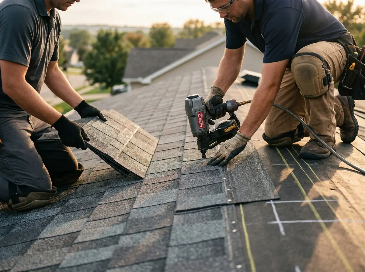 Professional roofer working on a residential roof in Pompey